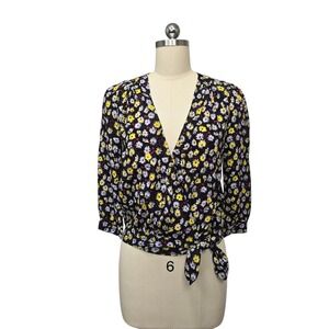 Madewell Black Daisy Print Wrap Tie Front Blouse‎ Top Womens XS